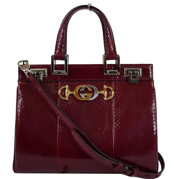 Gucci Top Handle Bag Zumi medium Leather Bordeaux Red Snakeskin Tote - Picture 1 of 8